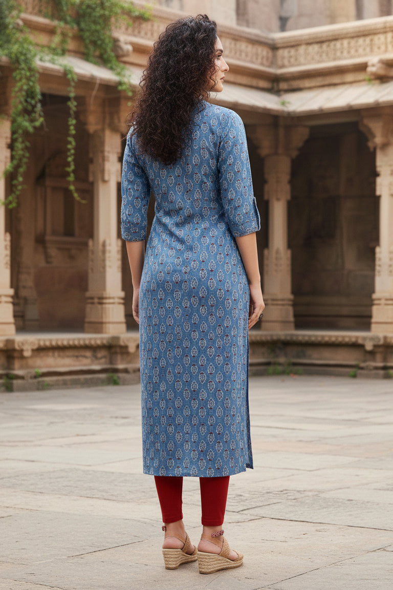 Blue Pure Cambric Cotton Jaipuri Printed Kurti