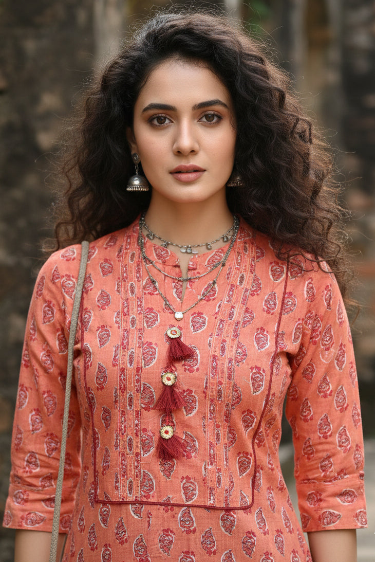 Orange Pure Cambric Cotton Jaipuri Printed Kurti