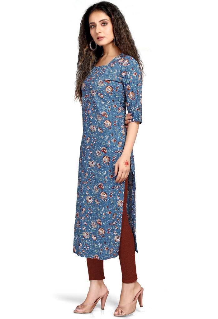 Blue Pure Cambric Cotton Jaipuri Printed Kurti