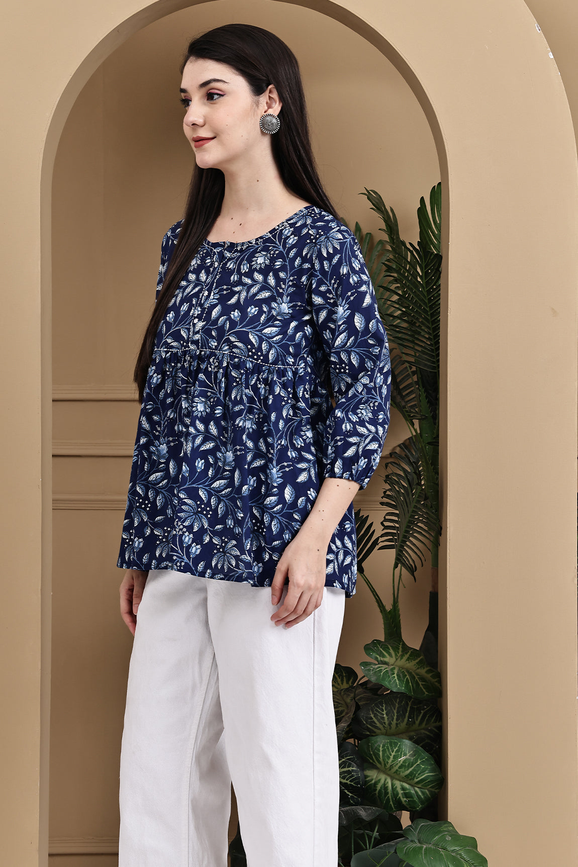 Garden Vibes Blue Cotton Jaipuri Printed Short Top