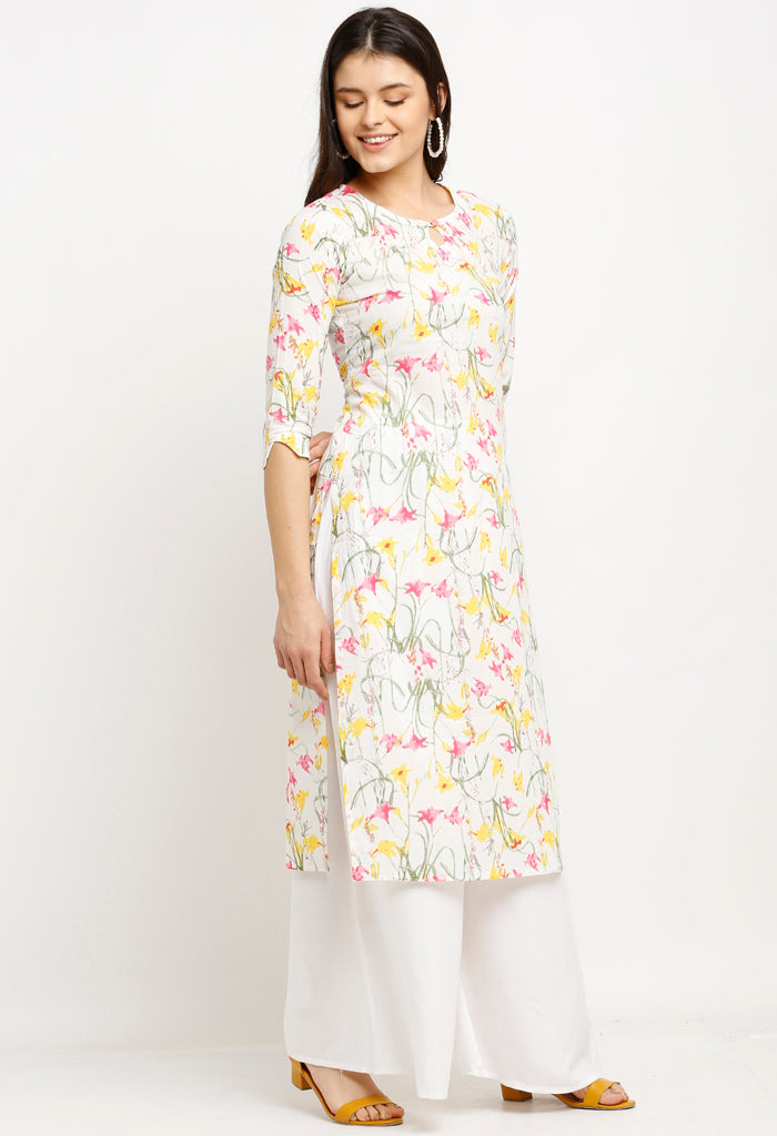 White Pure Cambric Cotton Jaipuri Printed Kurti