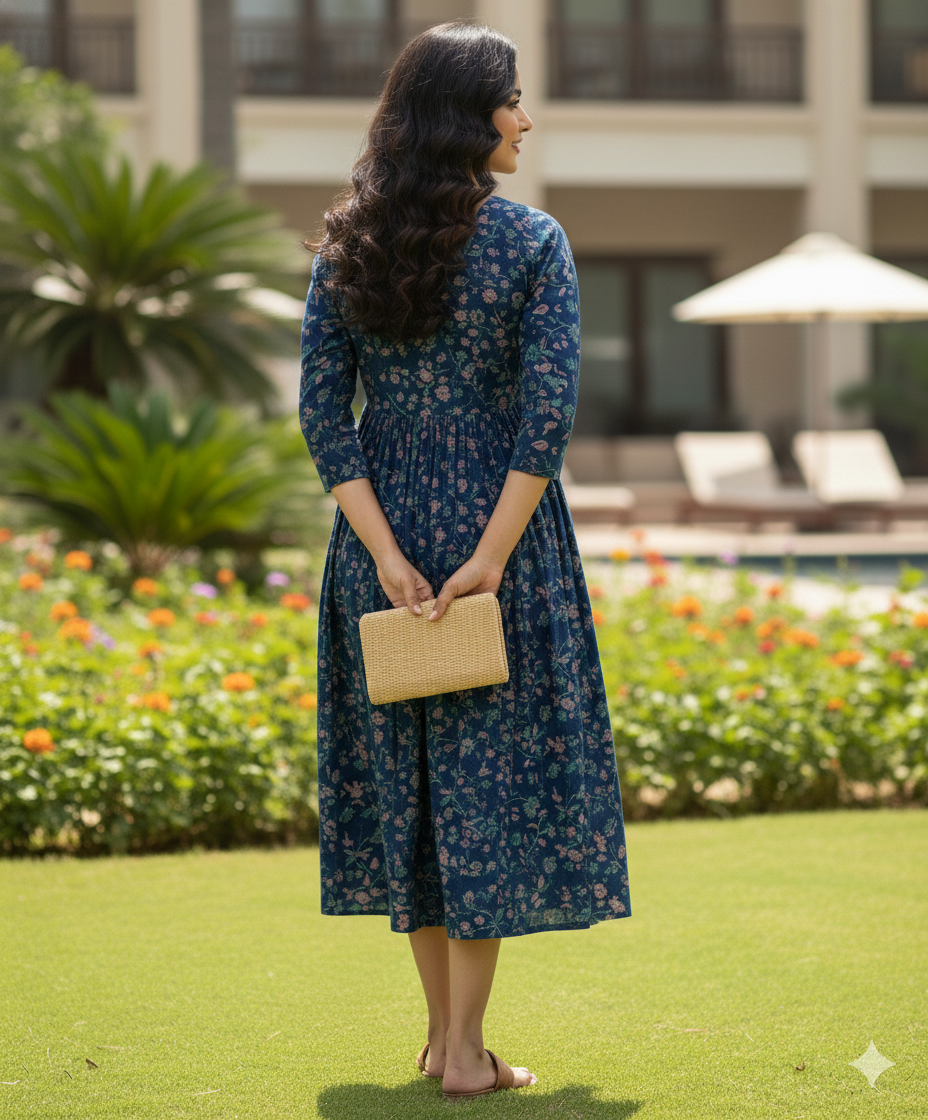 Blue Garden Delight Pure Cotton Jaipuri Printed Western Dress