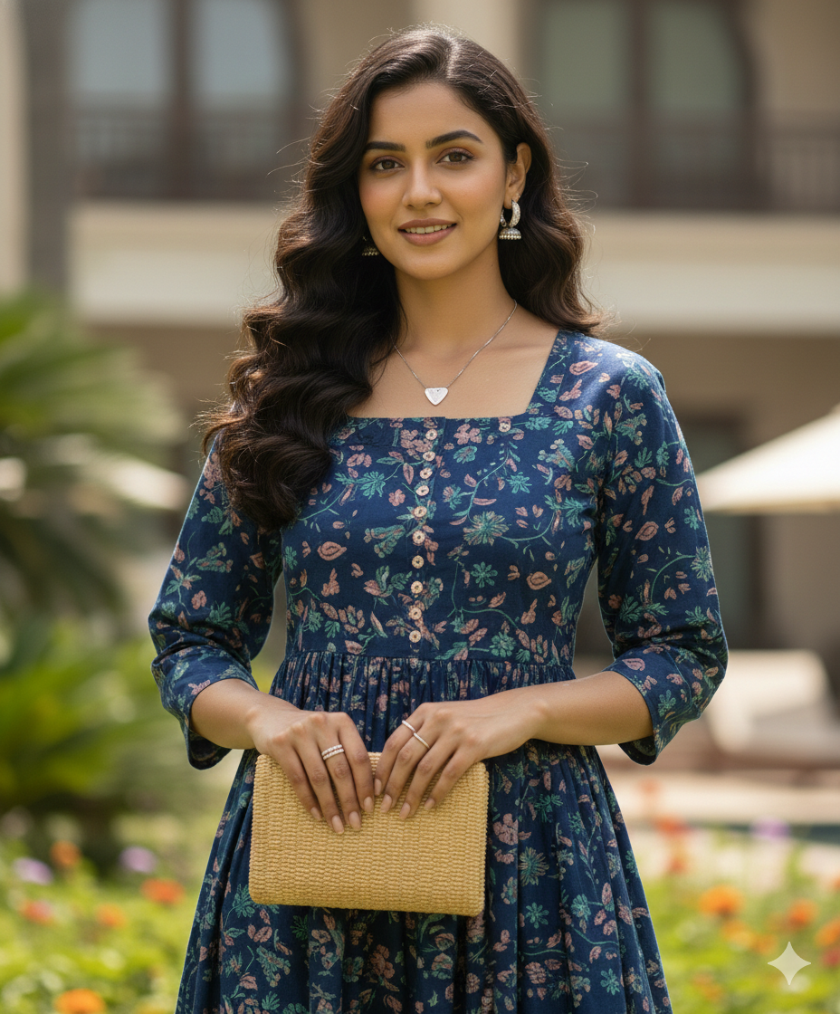 Blue Garden Delight Pure Cotton Jaipuri Printed Western Dress