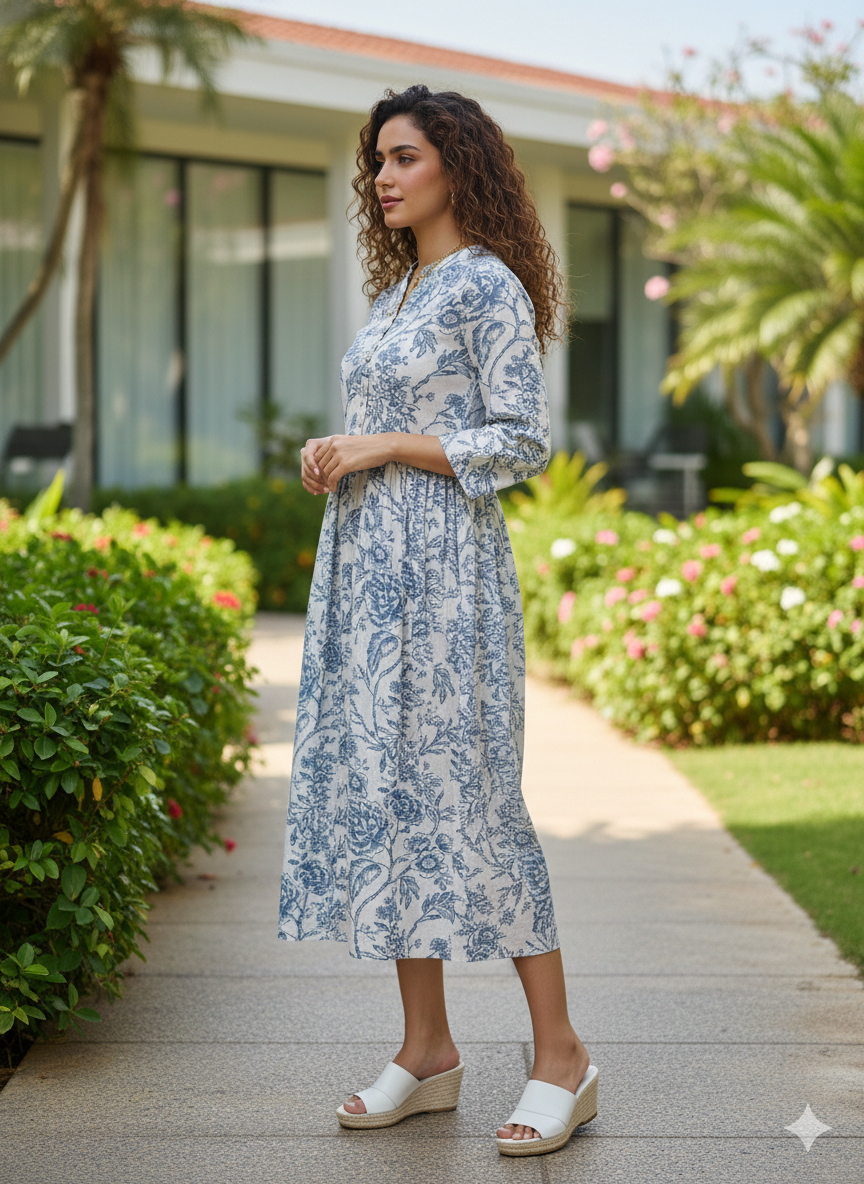 Serene Petal Pure Cotton Jaipuri Printed Western Dress