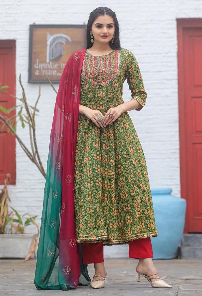 Green & Red Pure Cambric Cotton Embroidered Kurta Set With Dupatta - GunjFashion