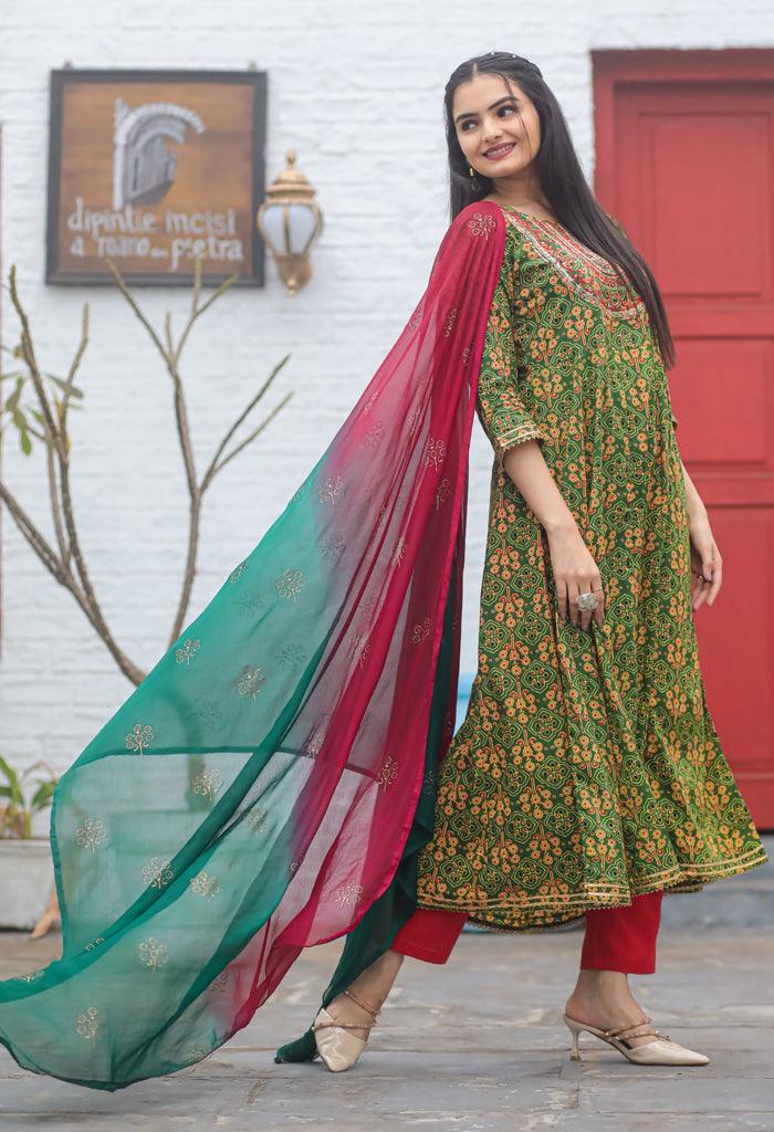 Green & Red Pure Cambric Cotton Embroidered Kurta Set With Dupatta - GunjFashion
