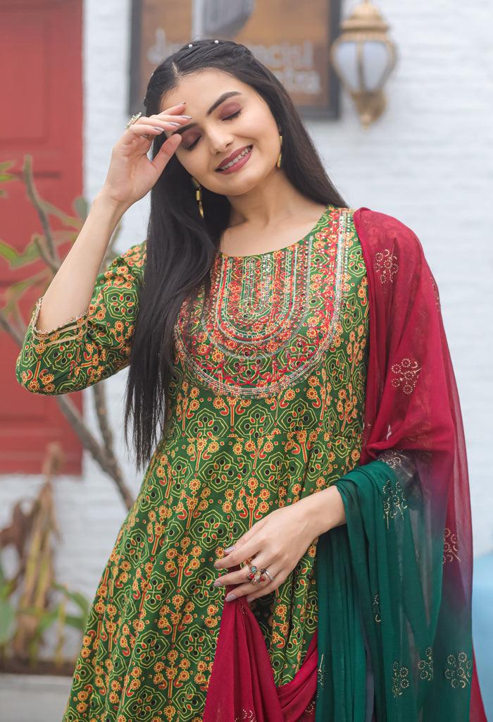 Green & Red Pure Cambric Cotton Embroidered Kurta Set With Dupatta - GunjFashion