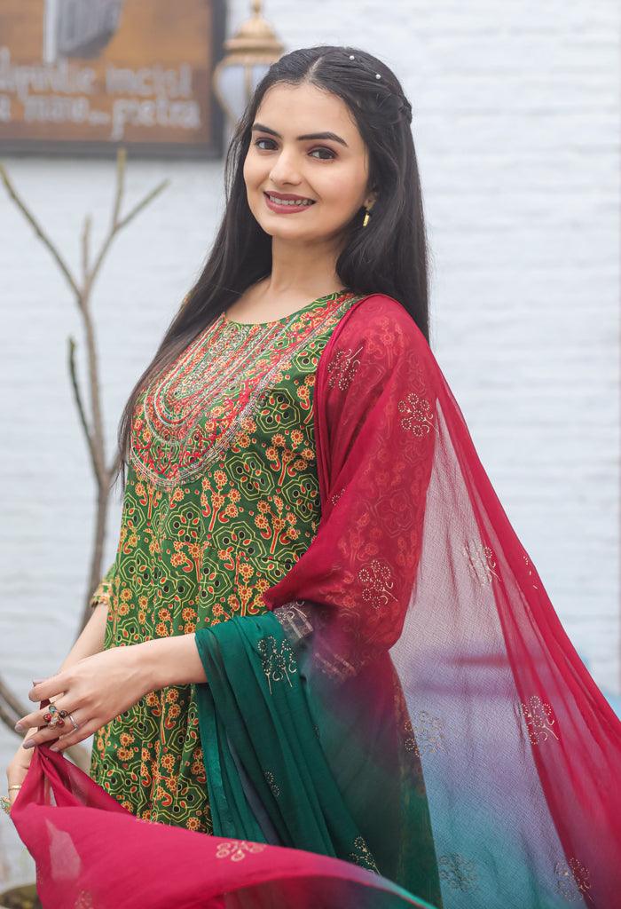 Green & Red Pure Cambric Cotton Embroidered Kurta Set With Dupatta - GunjFashion