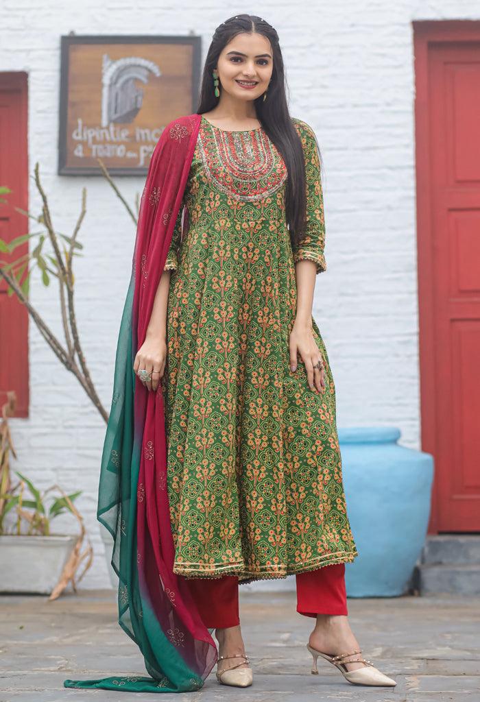 Green & Red Pure Cambric Cotton Embroidered Kurta Set With Dupatta - GunjFashion