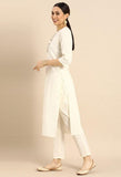 Off-White Pure Cambric Cotton Floral Embroidered Kurta Set With Dupatta