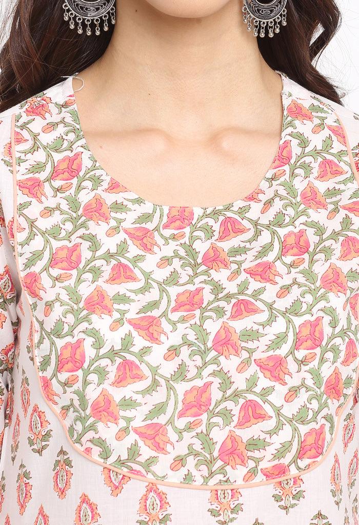 White And Pink Pure Cambric Cotton Floral Printed Kurta Set With Dupatta