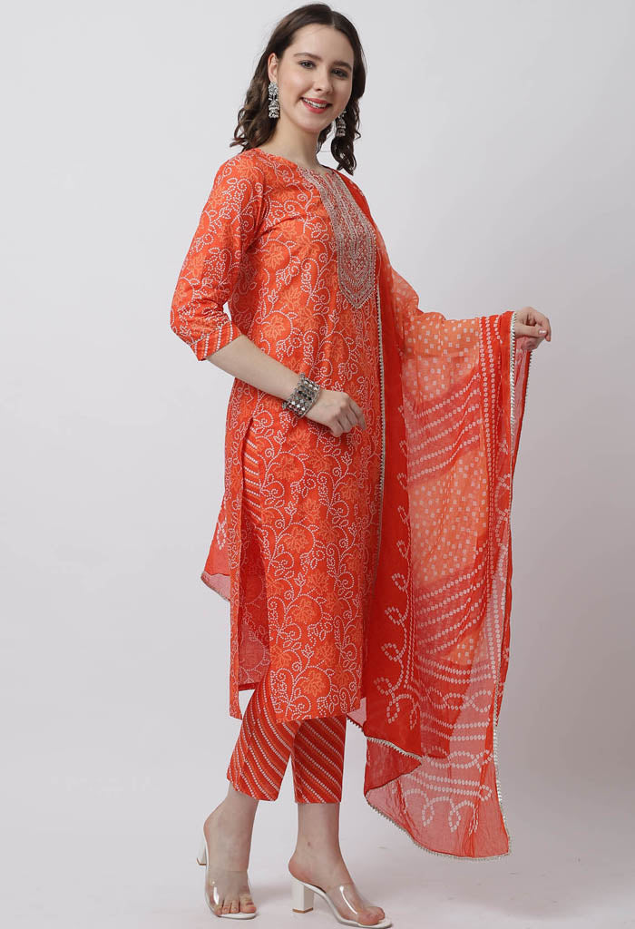Pure Cambric Cotton Jaipuri Printed & Embroidered Kurta Set With Dupatta