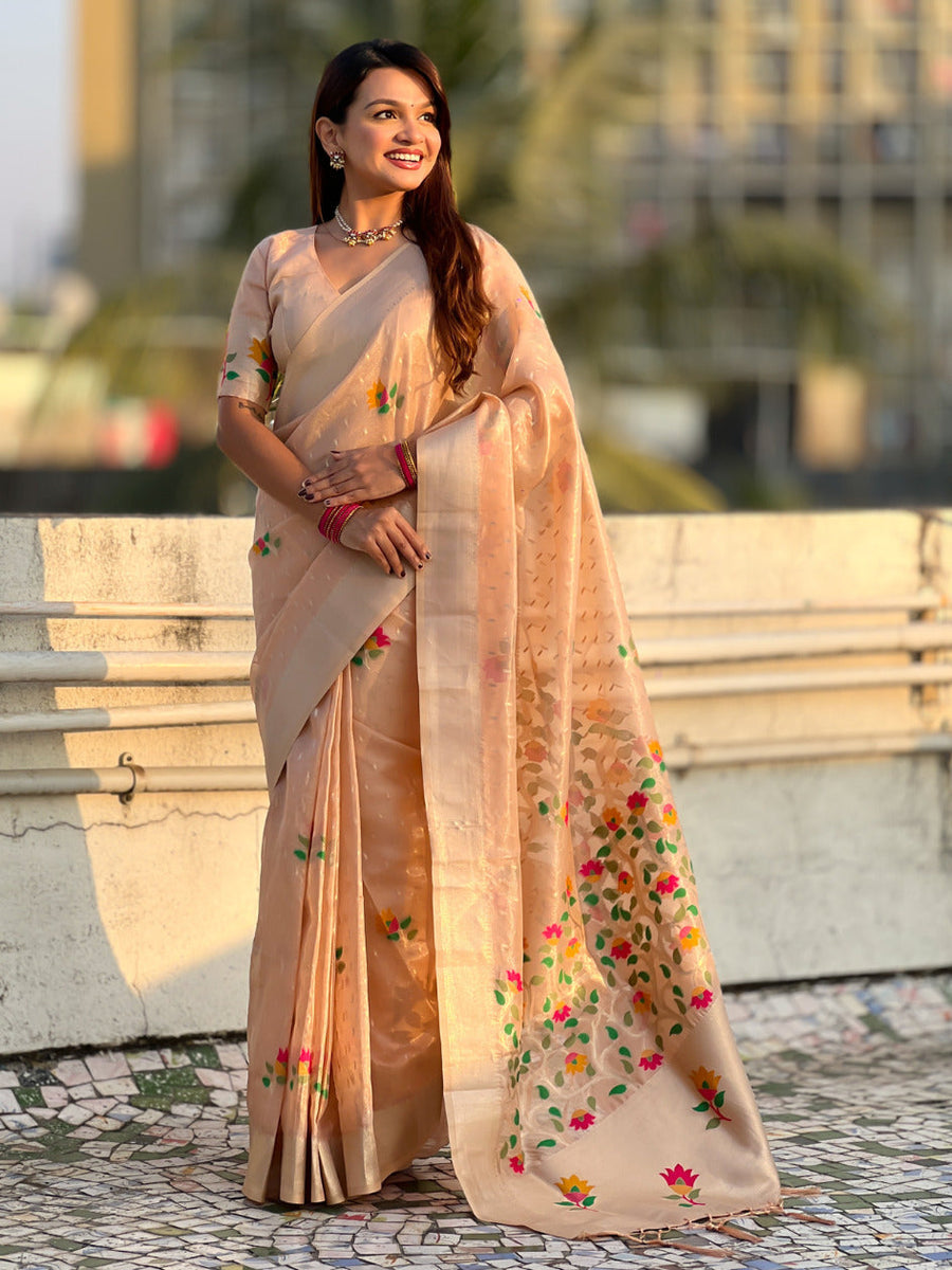 Organza Jamdani Saree with Zari Woven Pallu Festive Wear Saree with Brocade Blouse