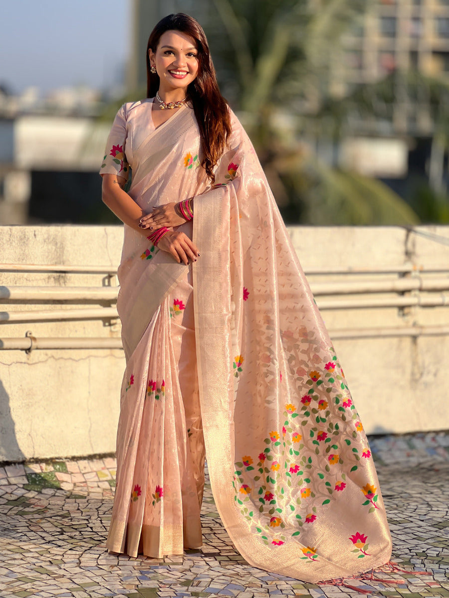 Organza Jamdani Saree with Zari Woven Pallu Festive Wear Saree with Brocade Blouse