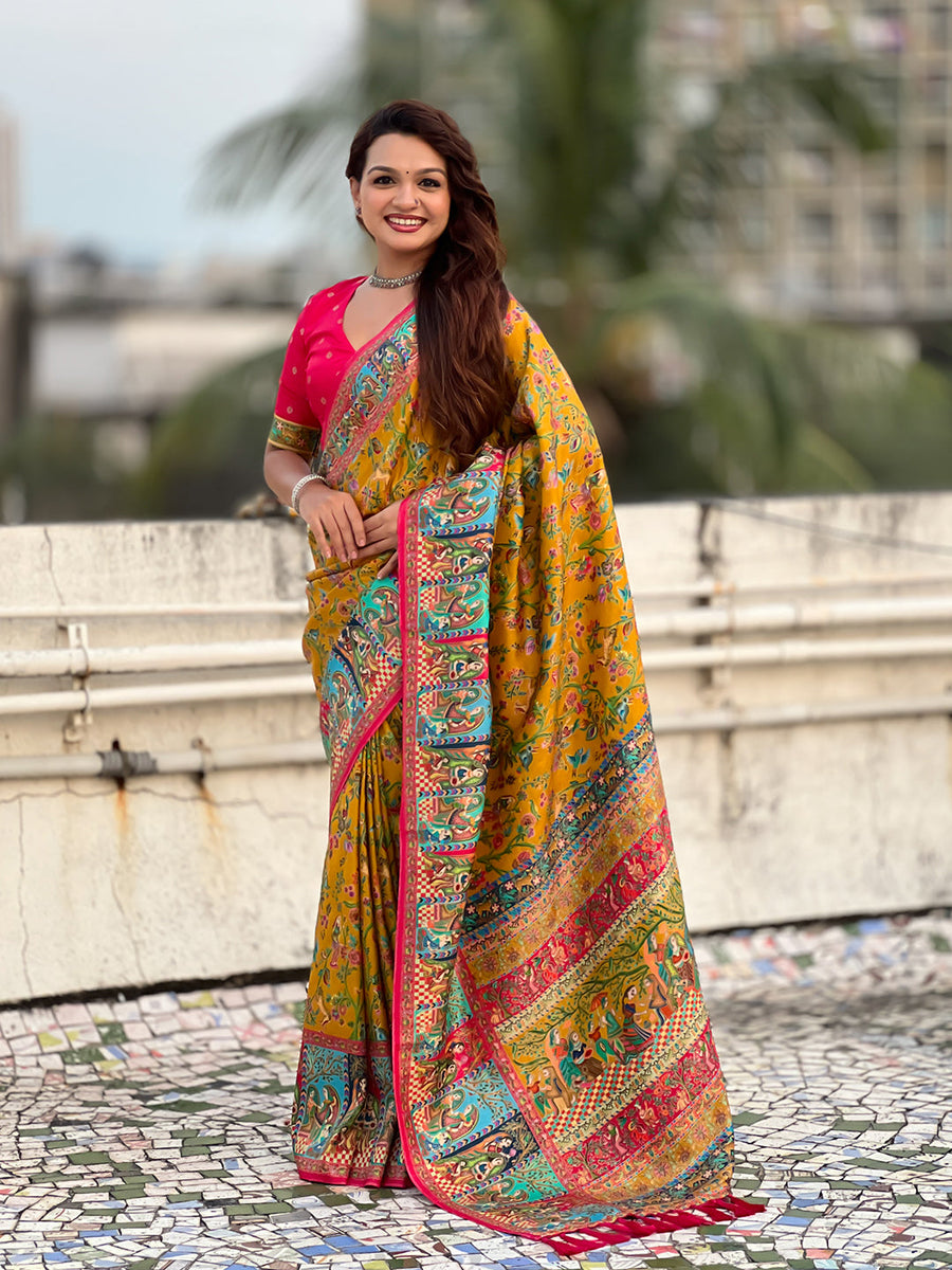 Mustard Yellow Pure Viscose Silk Position Printed Darbari Saree