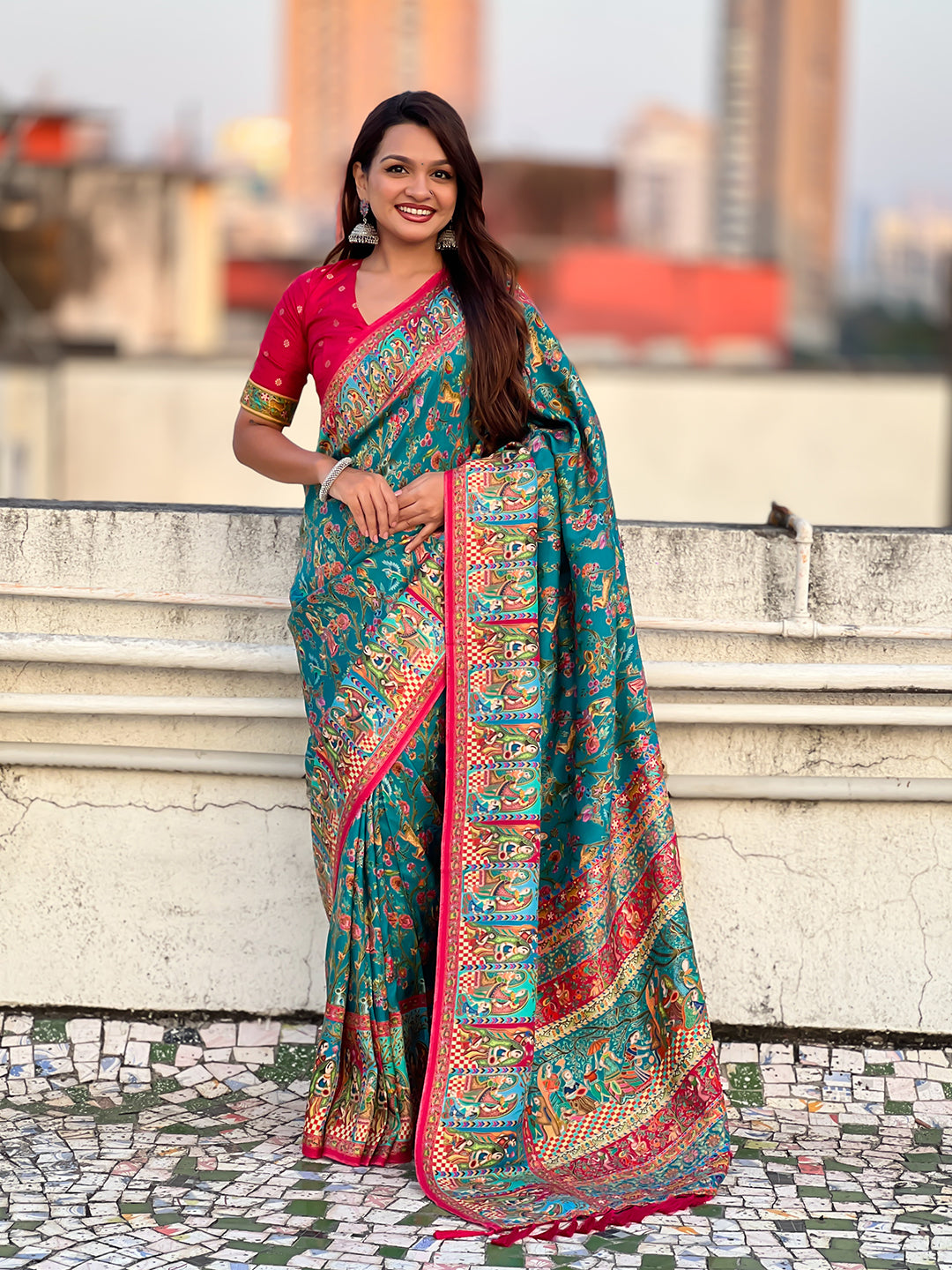 Rama Blue Pure Viscose Silk Position Printed Darbari Saree