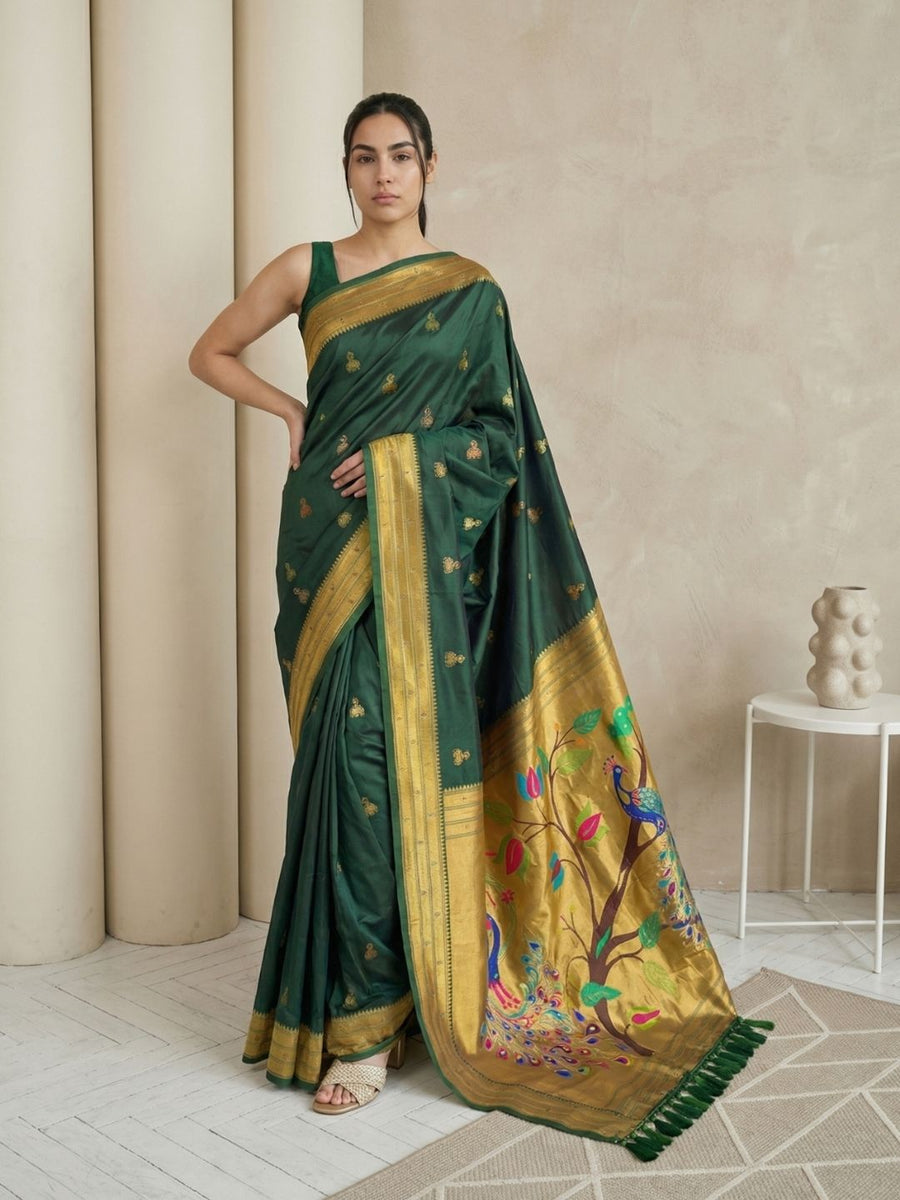 bottle green paithani silk saree with zari woven jhumka motifs