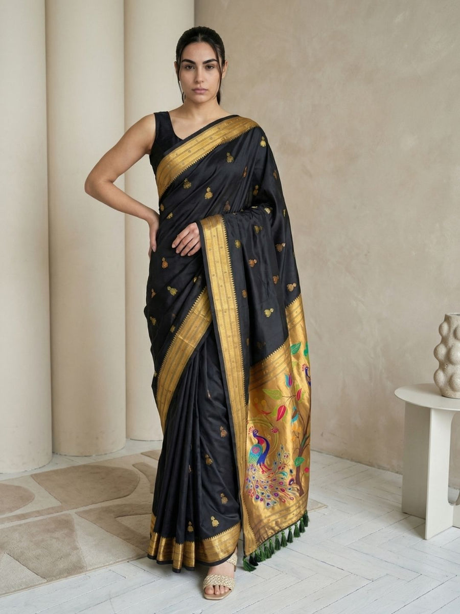 black paithani silk saree with zari woven jhumka motifs