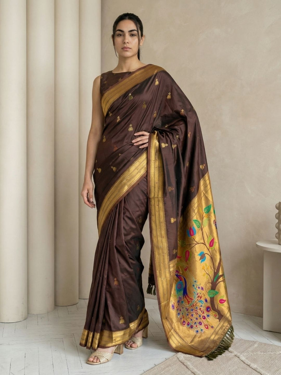 coffee brown paithani silk saree with zari woven jhumka motifs