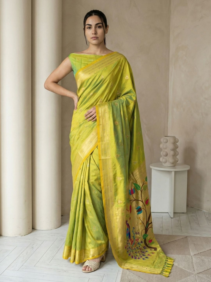 mehendi green paithani silk saree with zari woven jhumka motifs