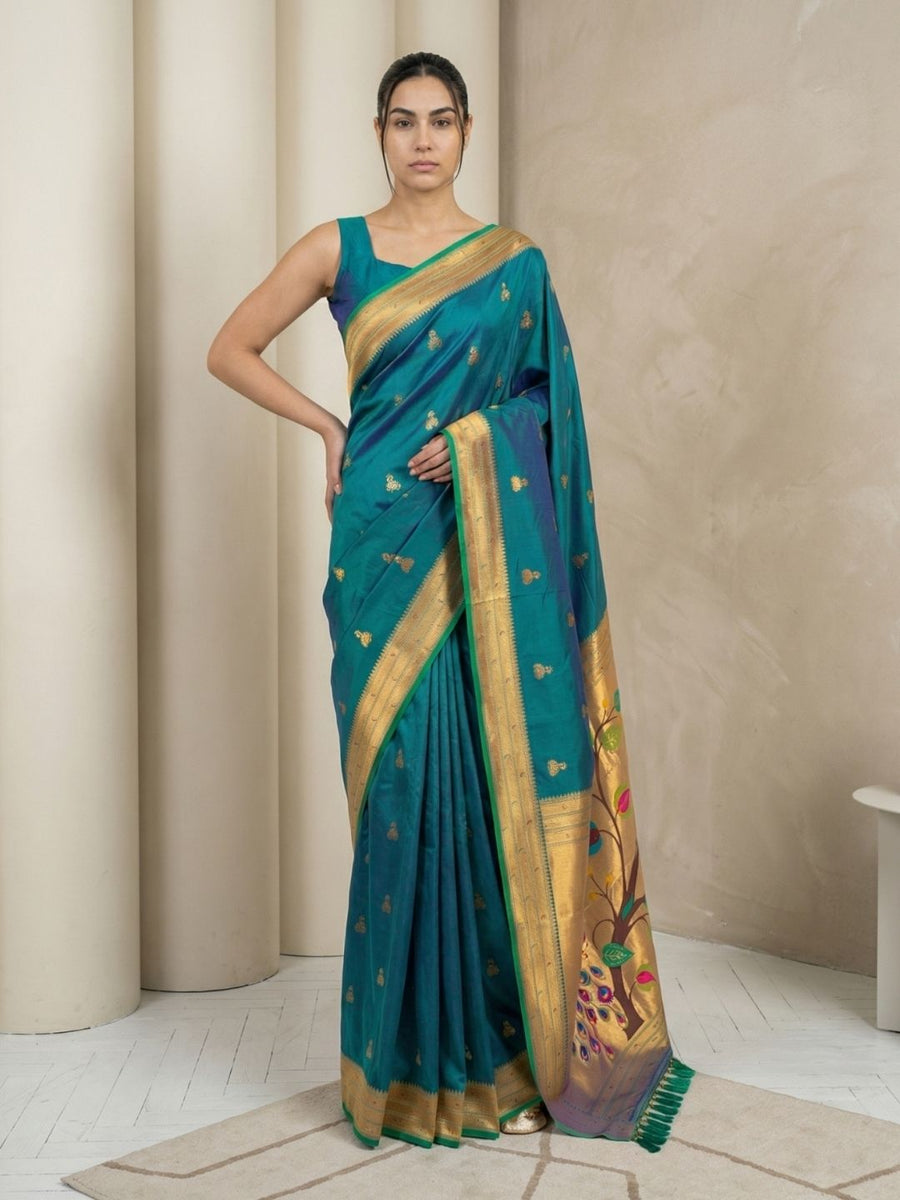 traditional paithani silk saree with zari woven jhumka motifs