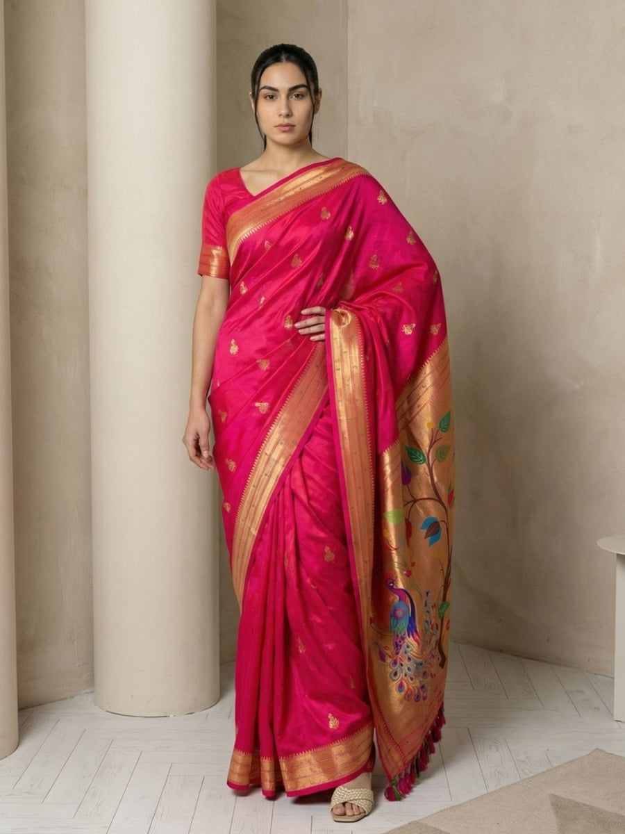pink paithani silk saree with zari woven jhumka motifs