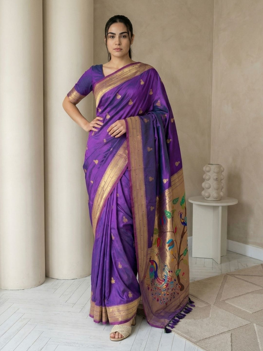 purple paithani silk saree with zari woven jhumka motifs