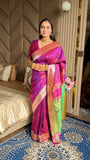Magenta Soft Silk Ikkat Patola Saree with Meenakari Motifs Peacock Pallu and Gold Zari Border
