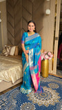 Rama Soft Silk Ikkat Patola Saree with Meenakari Motifs Peacock Pallu and Gold Zari Border