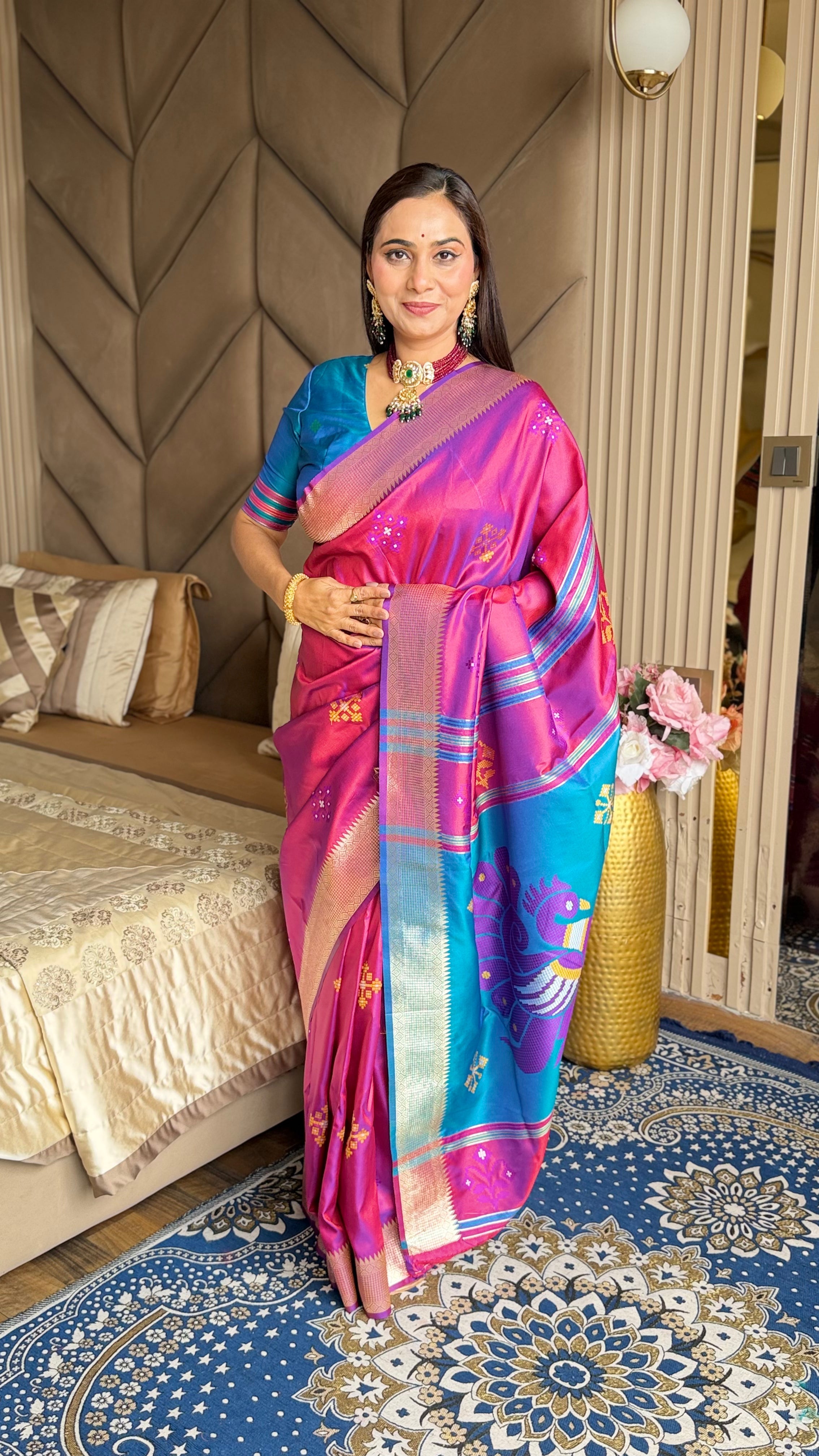 Wine Soft Silk Ikkat Patola Saree with Meenakari Motifs Peacock Pallu and Gold Zari Border