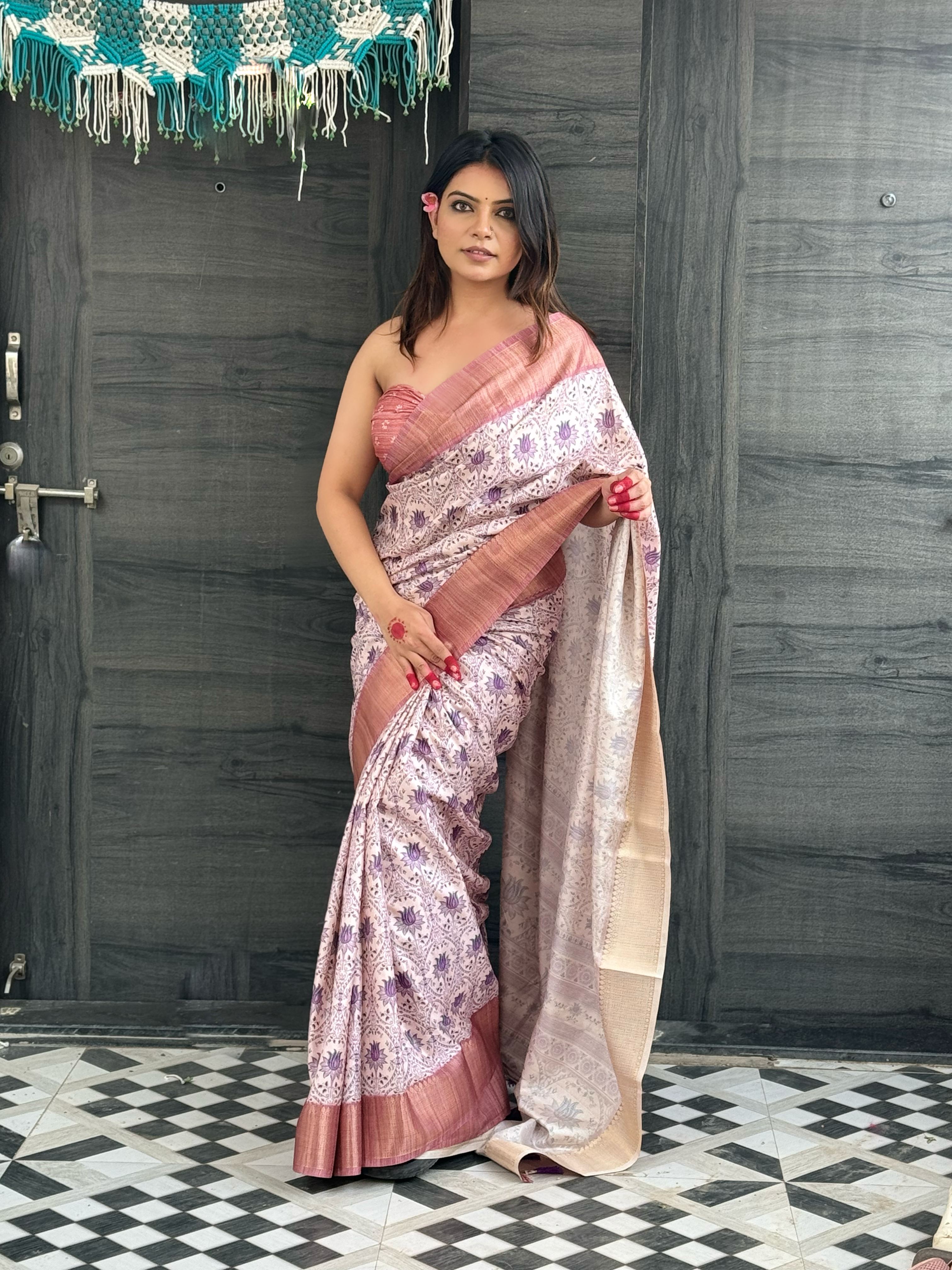 Lavender Assam Silk Floral Printed Saree with Zari Woven Border