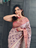 Lavender Assam Silk Floral Printed Saree with Zari Woven Border