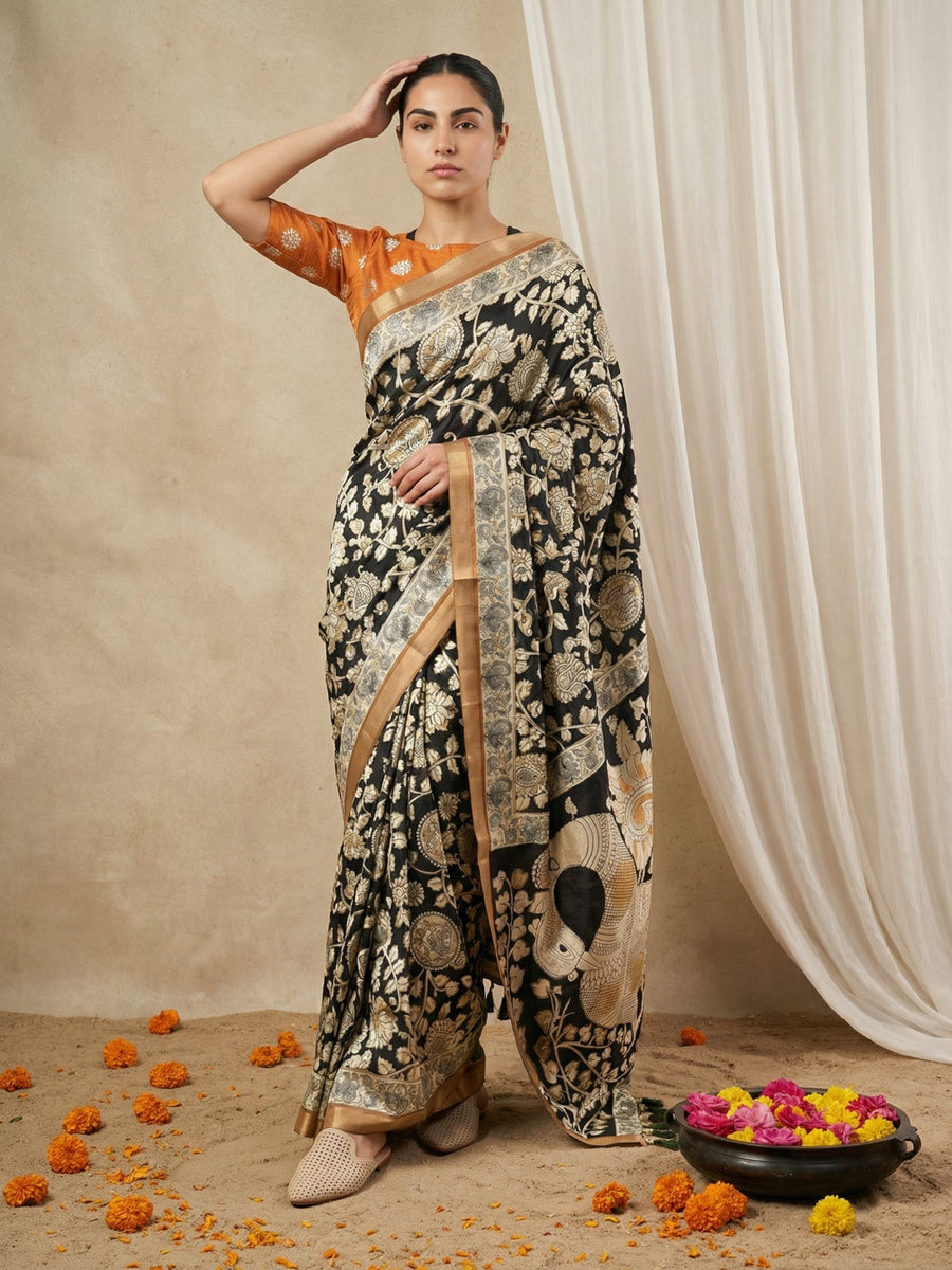 tussar silk saree with kalamkari print and zari woven border