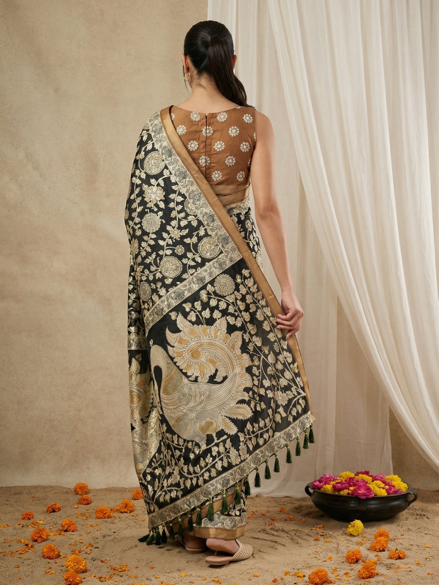 ethnic silk saree with contrast printed blouse and graceful drape