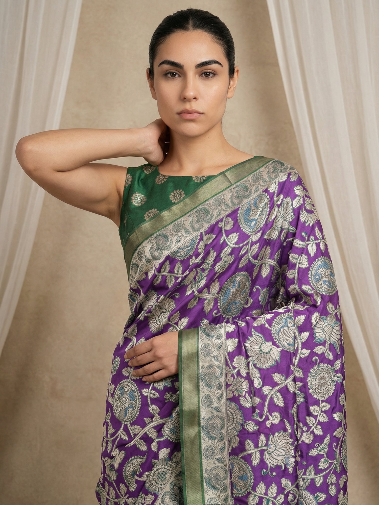festive tussar saree with artistic kalamkari design and woven border