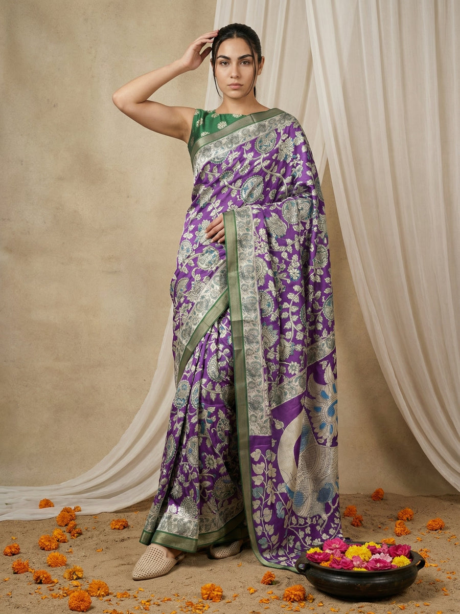 traditional tussar silk saree with kalamkari print and zari border