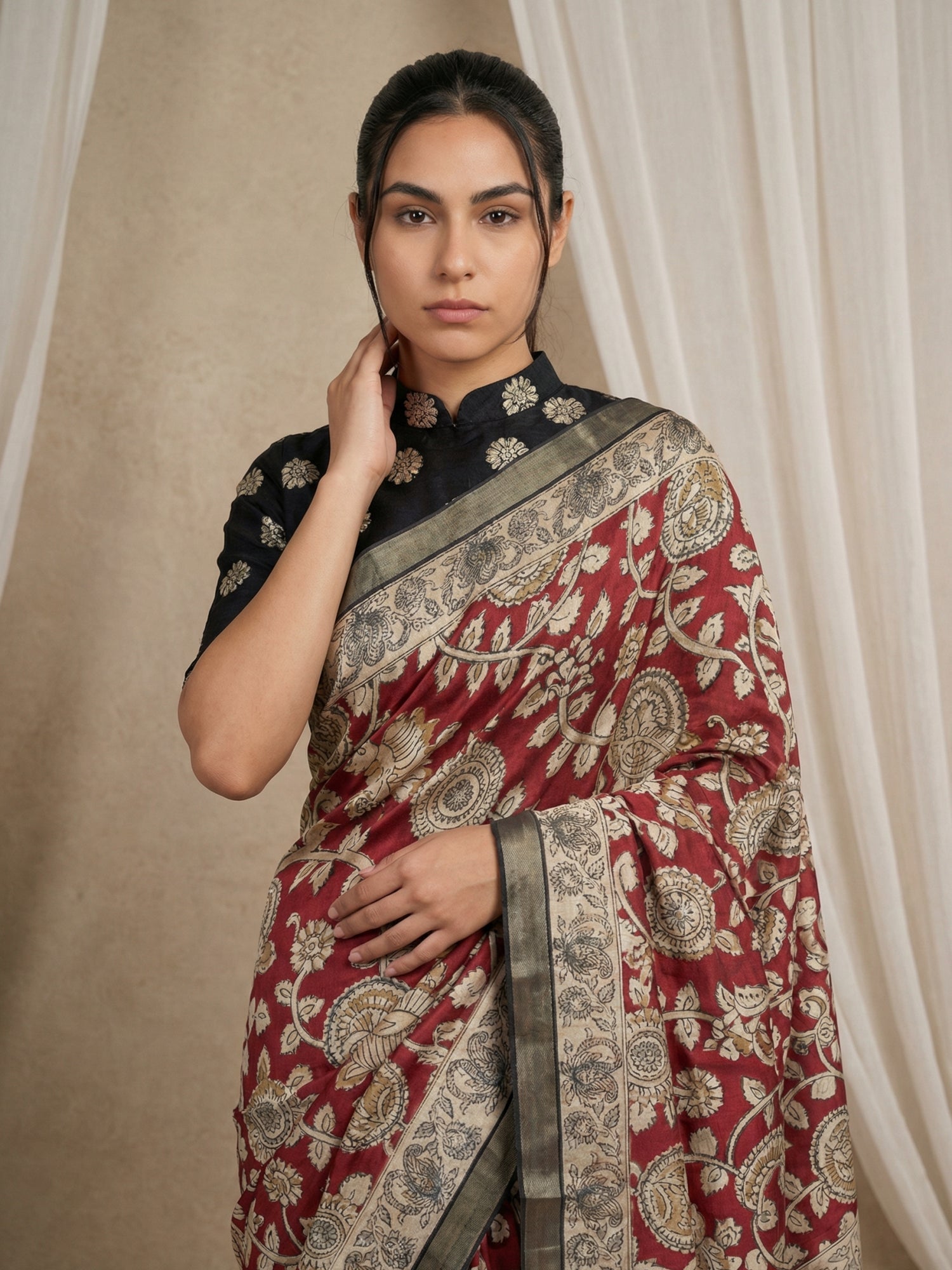 traditional silk saree with peacock printed pallu and tassels