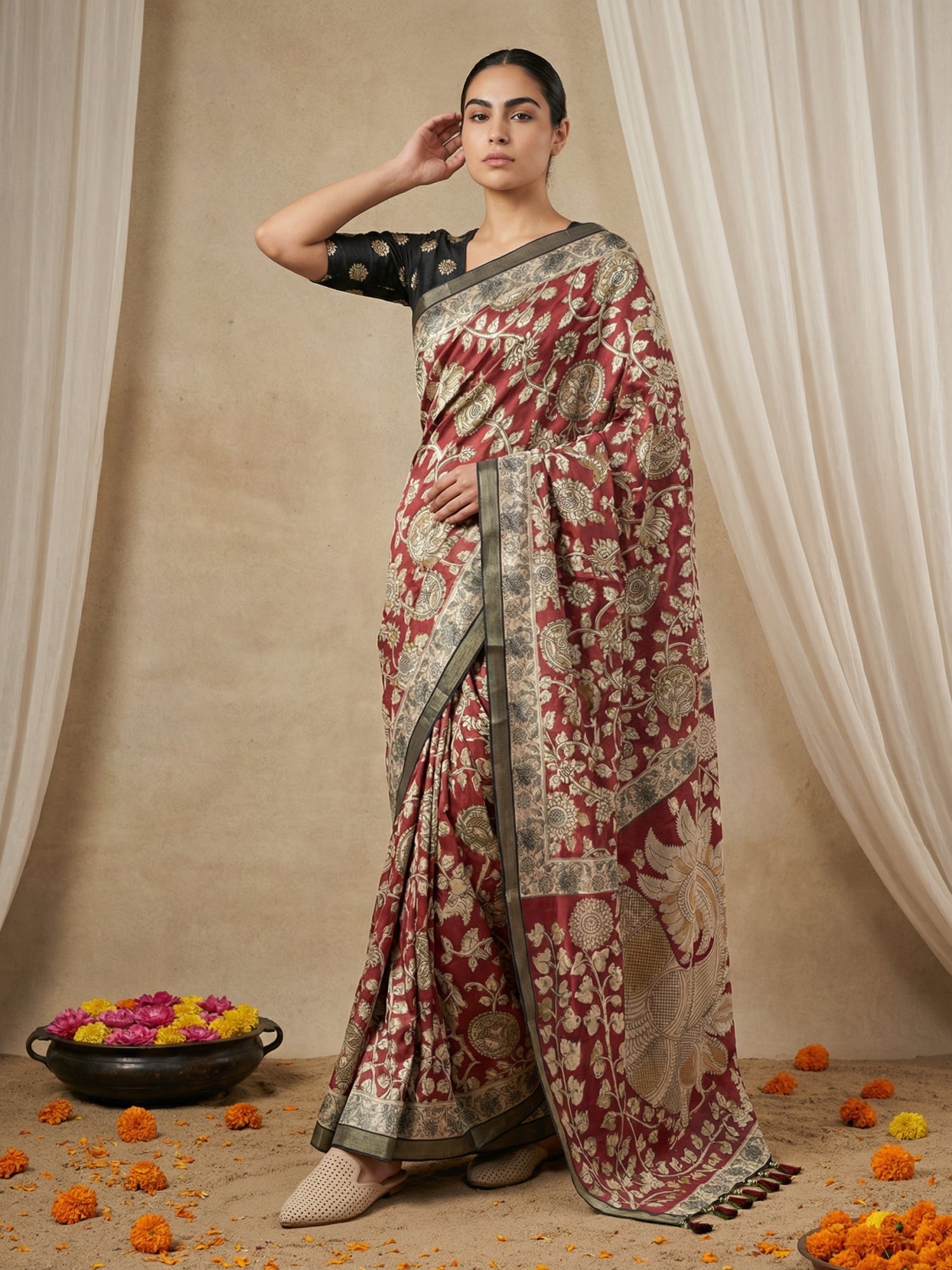 festive kalamkari saree with rich woven border and elegant drape