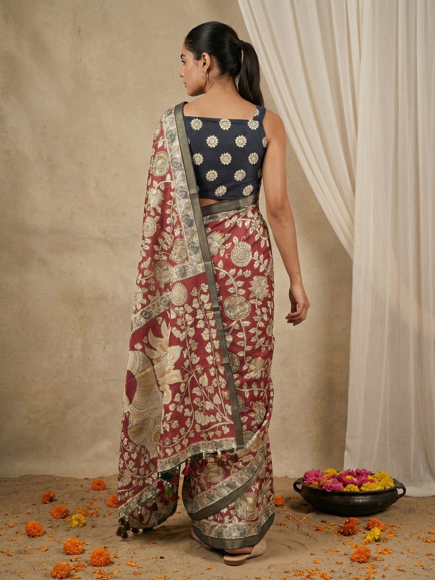 heritage-inspired kalamkari saree with contrast printed blouse