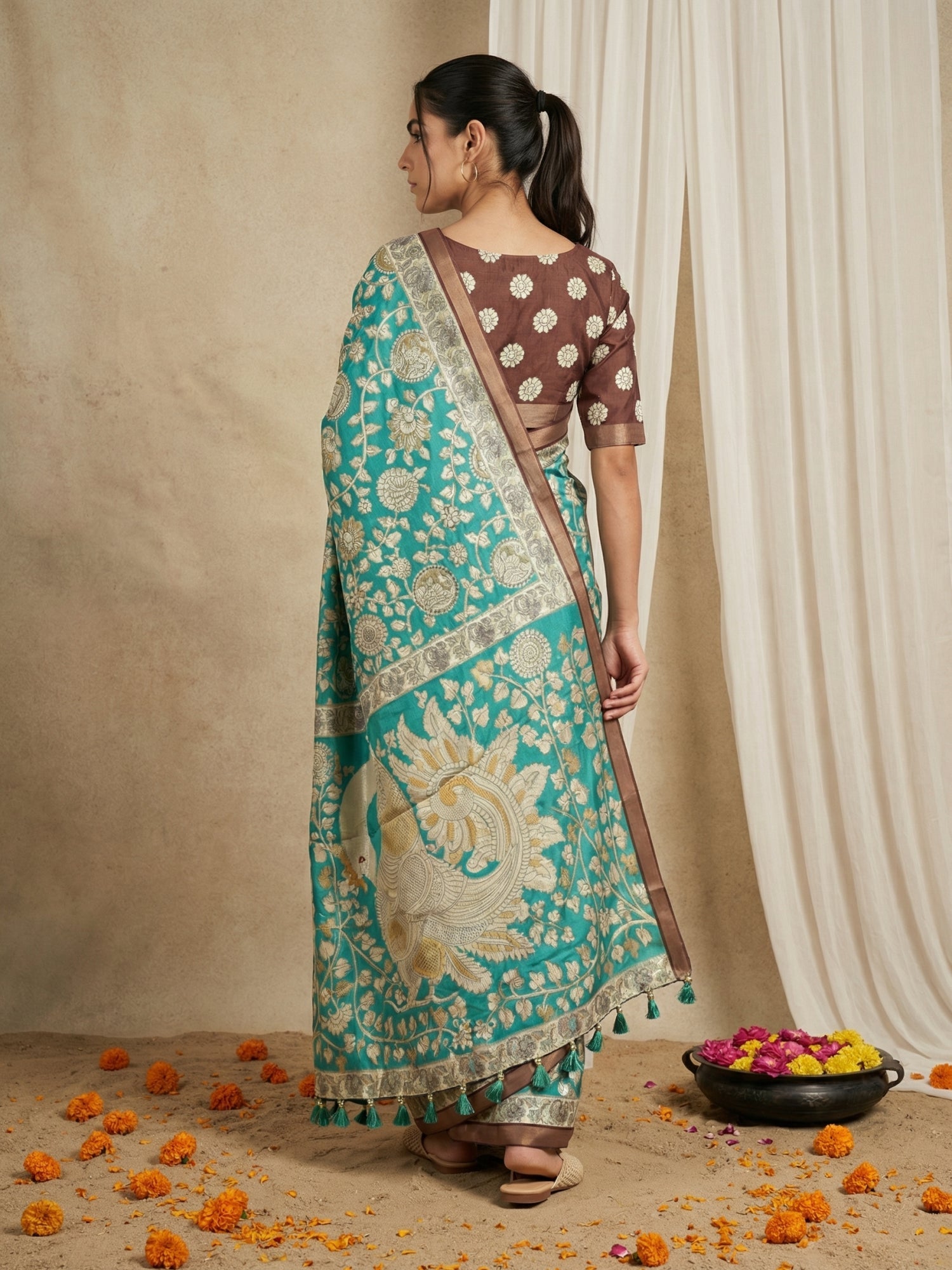 classic kalamkari saree with contrast printed blouse and woven border