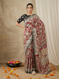 classic tussar silk saree with kalamkari print and zari border