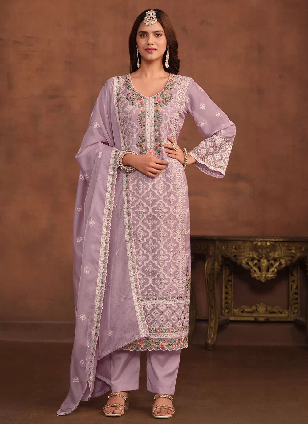 Lavender Plus Size Soft Organza Straight Suit with Embroidery