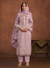 Lavender Plus Size Soft Organza Straight Suit with Embroidery