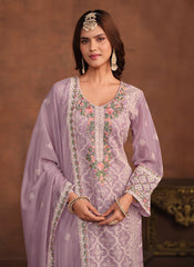 Lavender Plus Size Soft Organza Straight Suit with Embroidery