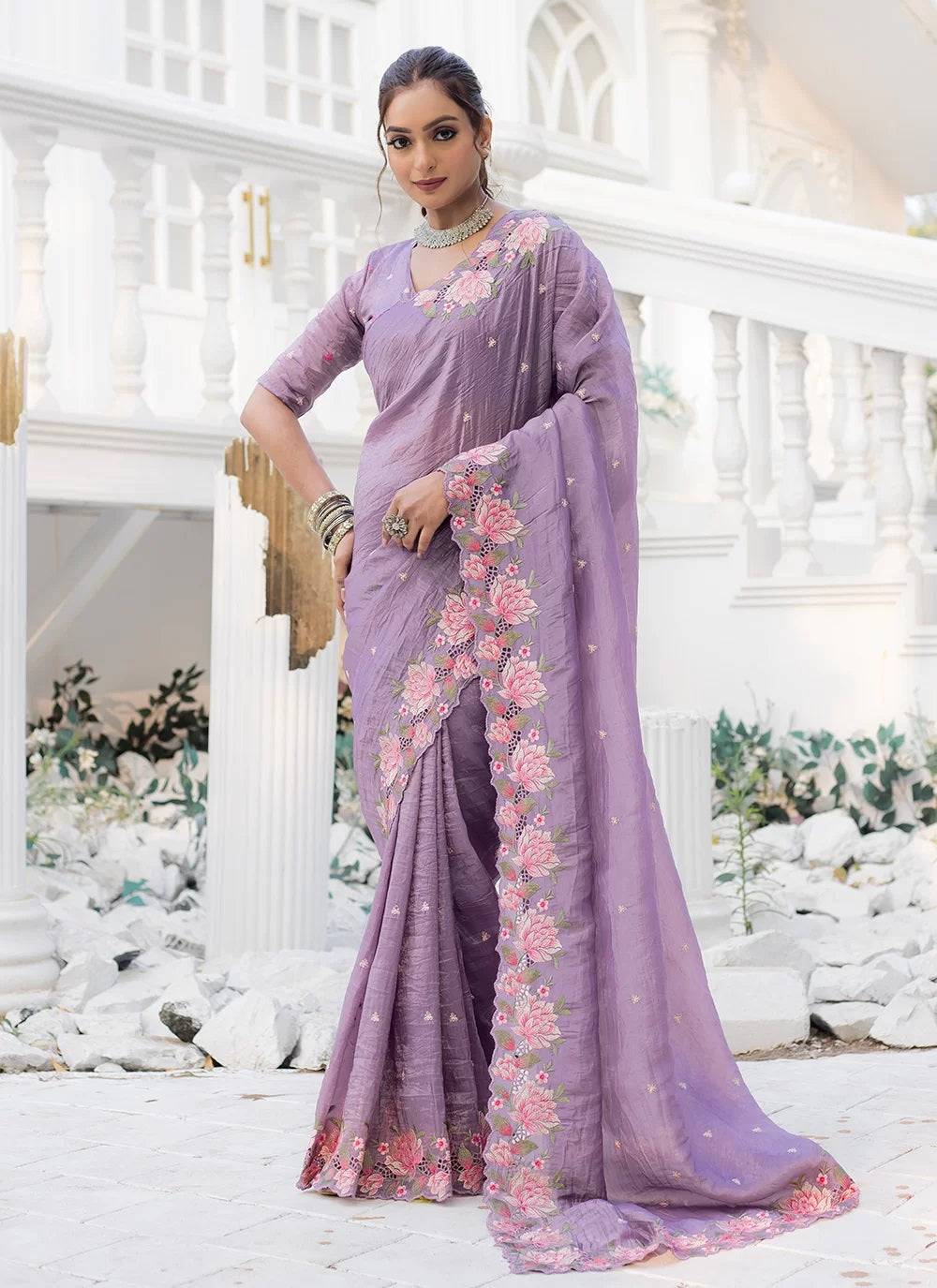 Lavender Pure Silk Designer Saree with Embroidery & Cut Work

