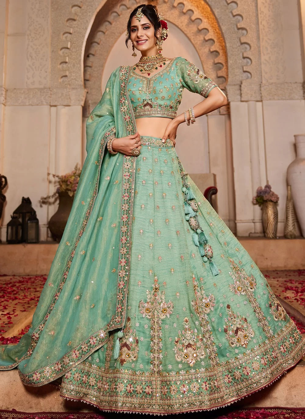 Lime Green Tissue Wedding Lehenga with Moti and Sequins Embroidery