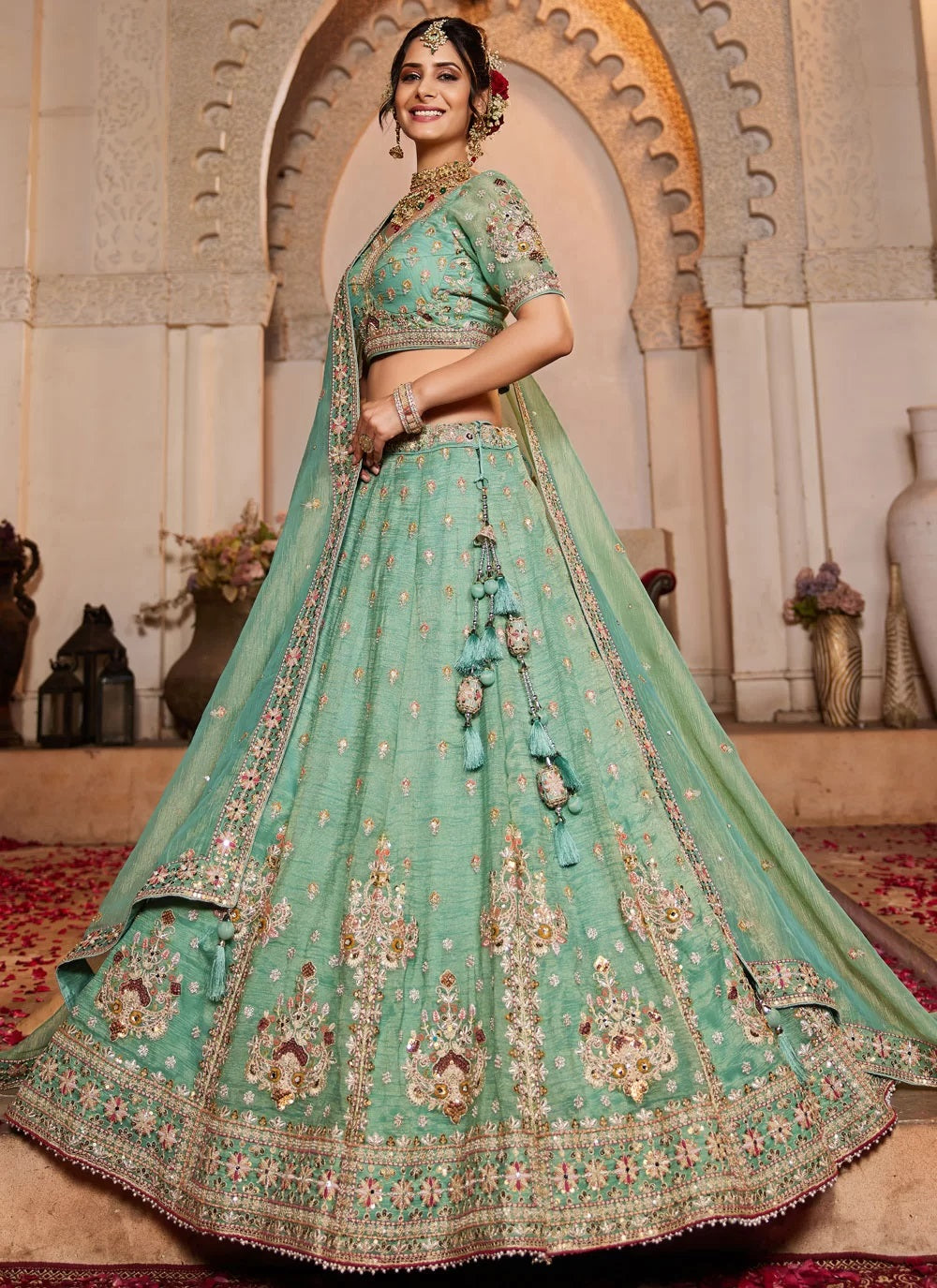 Lime Green Tissue Wedding Lehenga with Moti and Sequins Embroidery