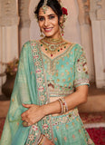 Lime Green Tissue Wedding Lehenga with Moti and Sequins Embroidery