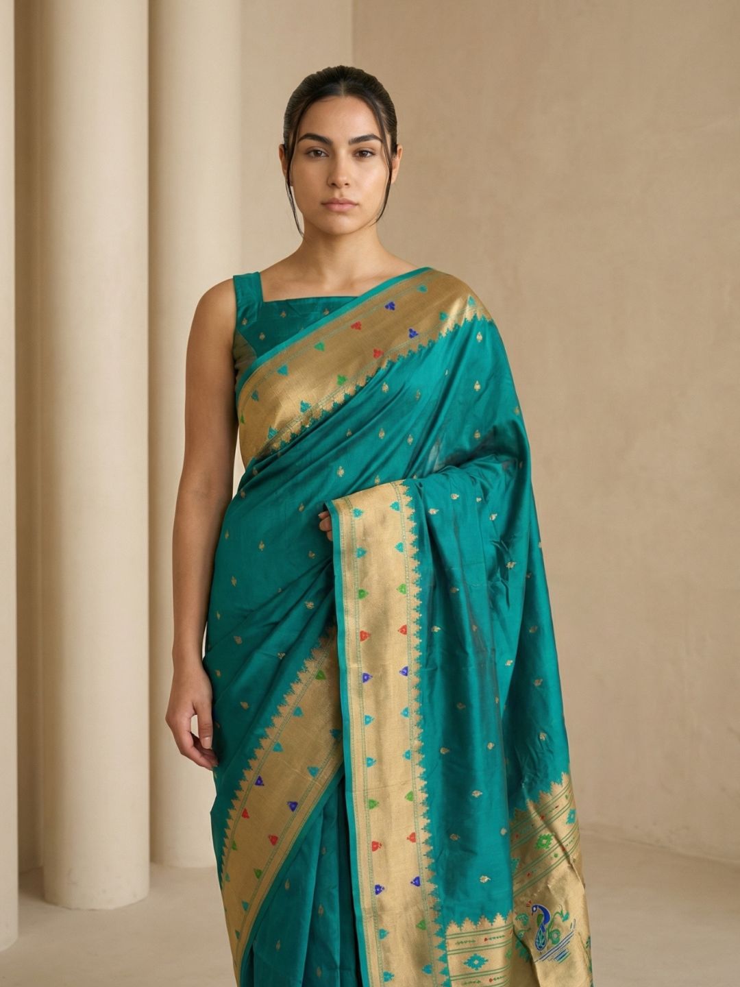 Pgreen Soft Silk Paithani Meenakari Saree Tilak Zari Woven Motifs Temple Border Saree With Brocade Blouse