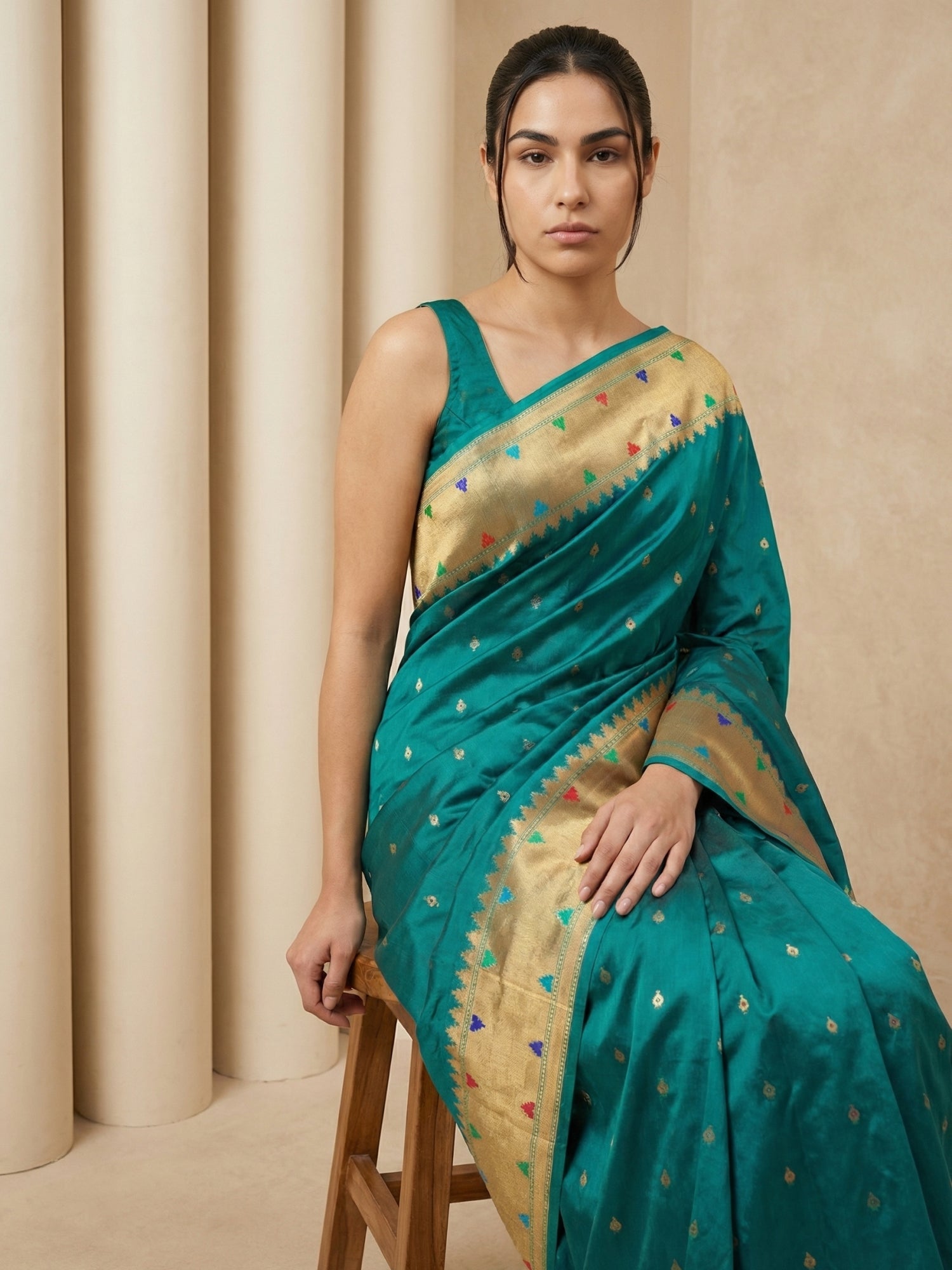 Pgreen Soft Silk Paithani Meenakari Saree Tilak Zari Woven Motifs Temple Border Saree With Brocade Blouse